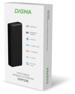 Купить Внешний аккумулятор Power Bank Digma DGPF20B,  20000мAч,  черный dgpf20b22pbk  в E-mobi