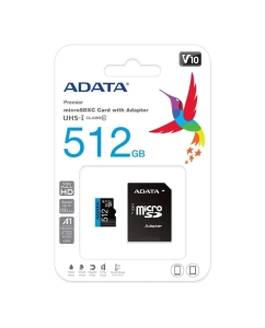 Купить Карта памяти Adata microSDHC, 512GB, Class 10 UHS-I A1, SD адаптер, AUSDX512GUICL10A1-RA1  в E-mobi