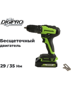 Купить Дрель-шуруповерт GreenWorks GD24DD35, 24V, б/щет, 0-380/0-1450 об/мин, 29/35 Нм, 1x2Ач,ЗУ, кор 3704007VUA  в E-mobi