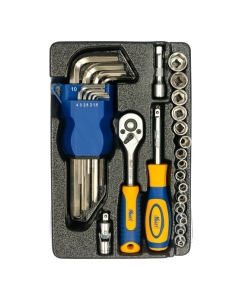 Купить Набор торцевых головок и принадлежностей 1/4 Dr 28 предметов с имбусными ключами KRAFT KT 700321  в E-mobi