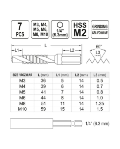 Купить Набор сверел-метчиков YATO М3-М10 7шт HEX YT-44849  в E-mobi