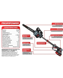 Купить Аккумуляторная бесщеточная цепная пила Profipower PL-12 с штангой телескопической (20В,12, Li-ion-2шт, 4.0Ач, 0-5800 об/мин,З/У, в коробке) E0285  в E-mobi