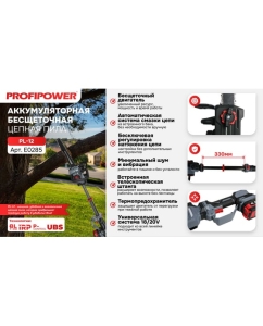 Купить Аккумуляторная бесщеточная цепная пила Profipower PL-12 с штангой телескопической (20В,12, Li-ion-2шт, 4.0Ач, 0-5800 об/мин,З/У, в коробке) E0285  в E-mobi