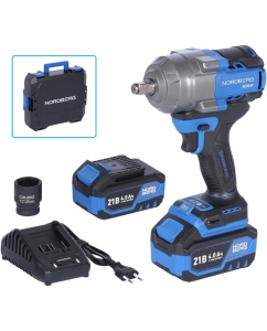 Купить Гайковерт аккумуляторный NORDBERG 1/2, 21В, 1000 Нм с двумя 4A аккум. и зар. уст-вом, в кейсе NE805K  в E-mobi