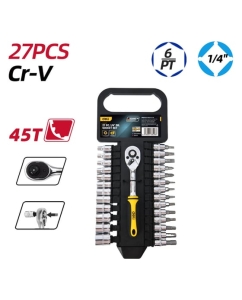 Купить Набор торцевых головок и бит DELI 26шт с трещоткой 1/4  DL0027T, 12 торцевых головок 4-14 мм, 14 головок-бит, трещотка 45 зубьев, сталь 50BV30 212827  в E-mobi