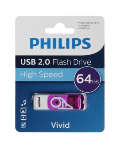 Память USB Flash PHILIPS VIVID2.0 Type-A, 2.0, 64 Gb, пластик, белый/фиолетовый | emobi