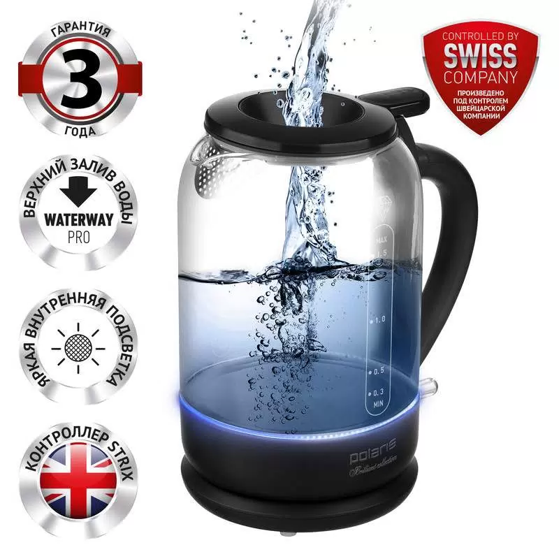 Купить Чайник электрический Polaris PWK1753CGL 1.5 л прозрачный, черный  в E-mobi